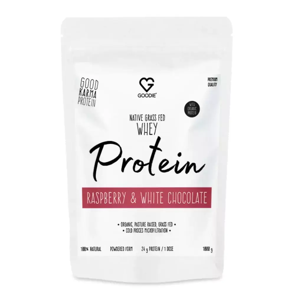 GOODIE Nativní syrovátkový protein BIO GrassFed - Malina a bílá čokoláda / Native GrassFed Whey protein