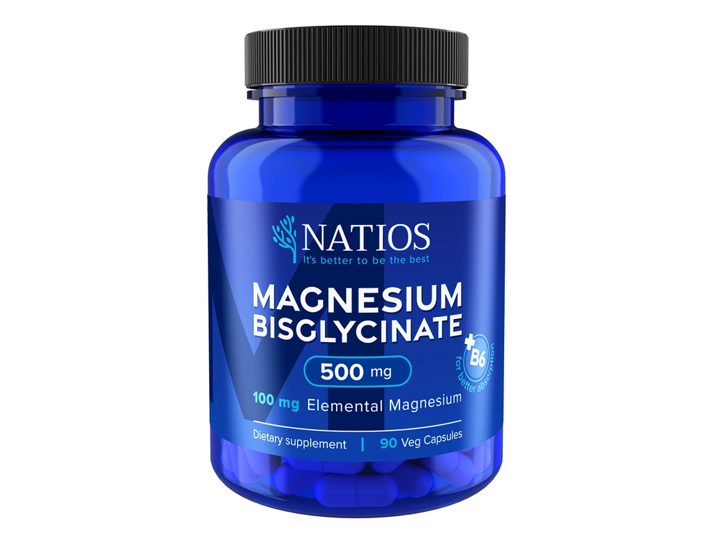 NATIOS Magnesium Bisglycinate 500 mg + B6, (elem. hořčík 100 mg) (90 veg. kapslí)