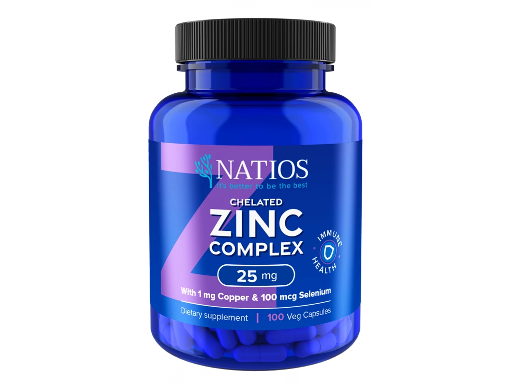 NATIOS Zinc Chelated Complex, Zinek, selen a měď, 25 mg (100 veganských kapslí)