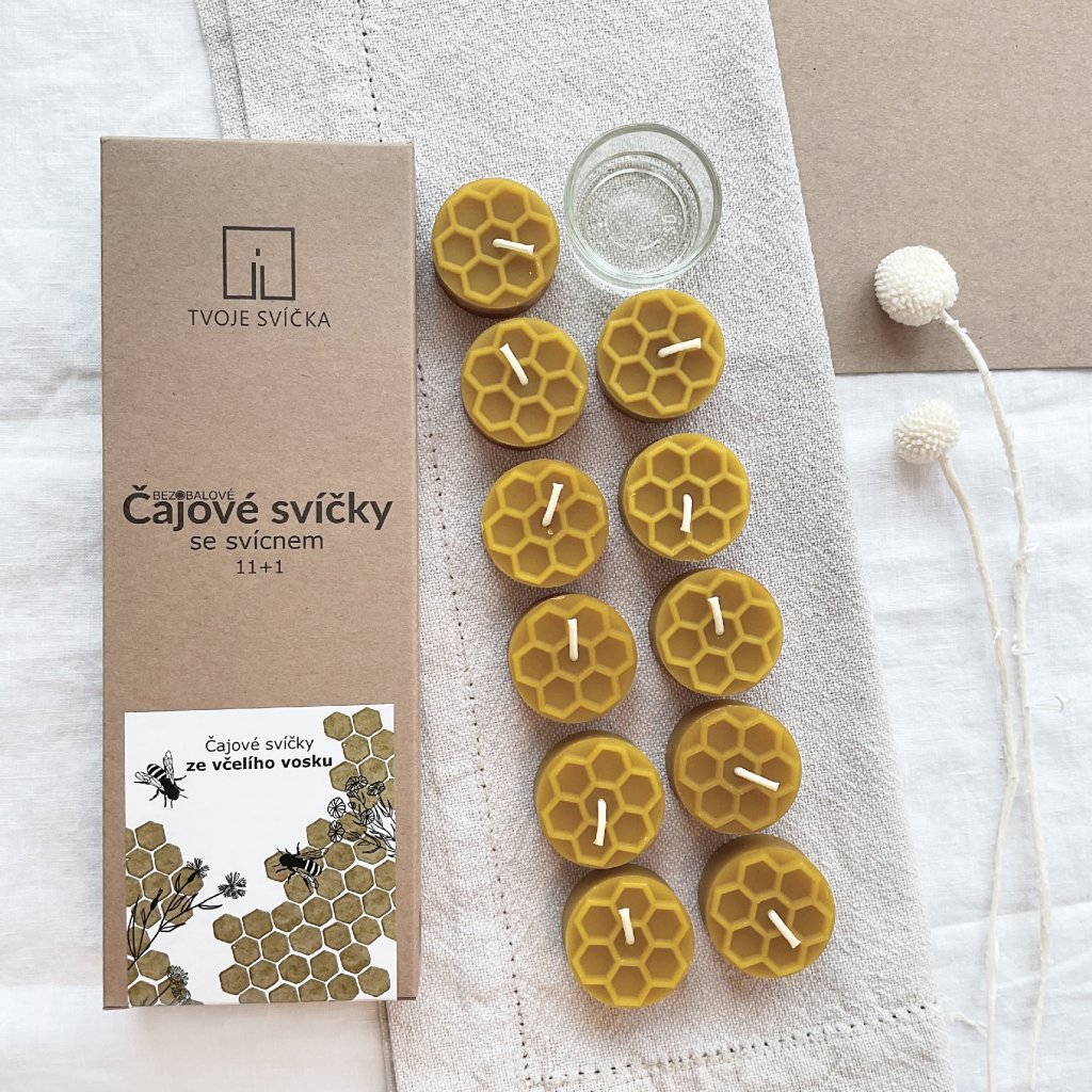 TVOJE SVÍČKA Čajové svíčky ze včelího vosku se svícnem (11+1)