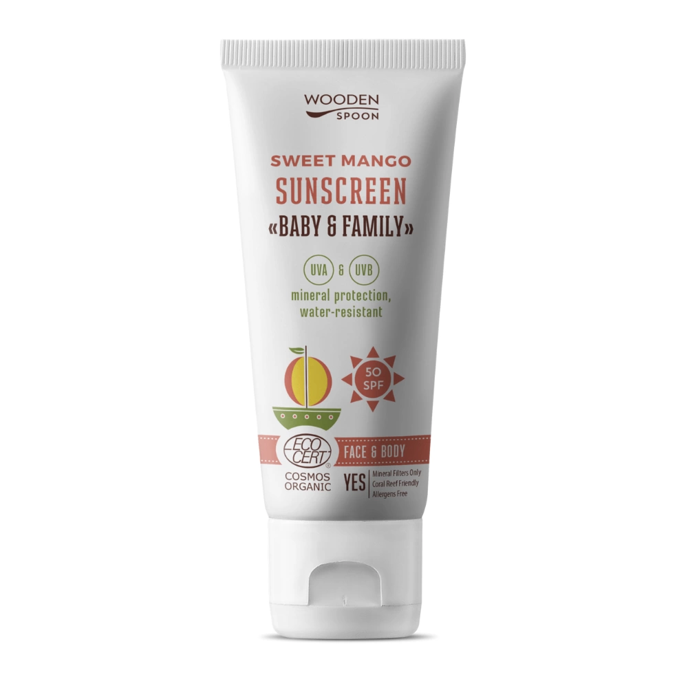 WOODEN SPOON Opalovací tělové mléko Mango Baby & Family SPF 50 