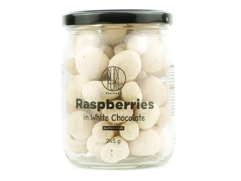 BrainMax Pure Raspberries in White Chocolate, Lyofilizované maliny v bílé čokoládě (245g)