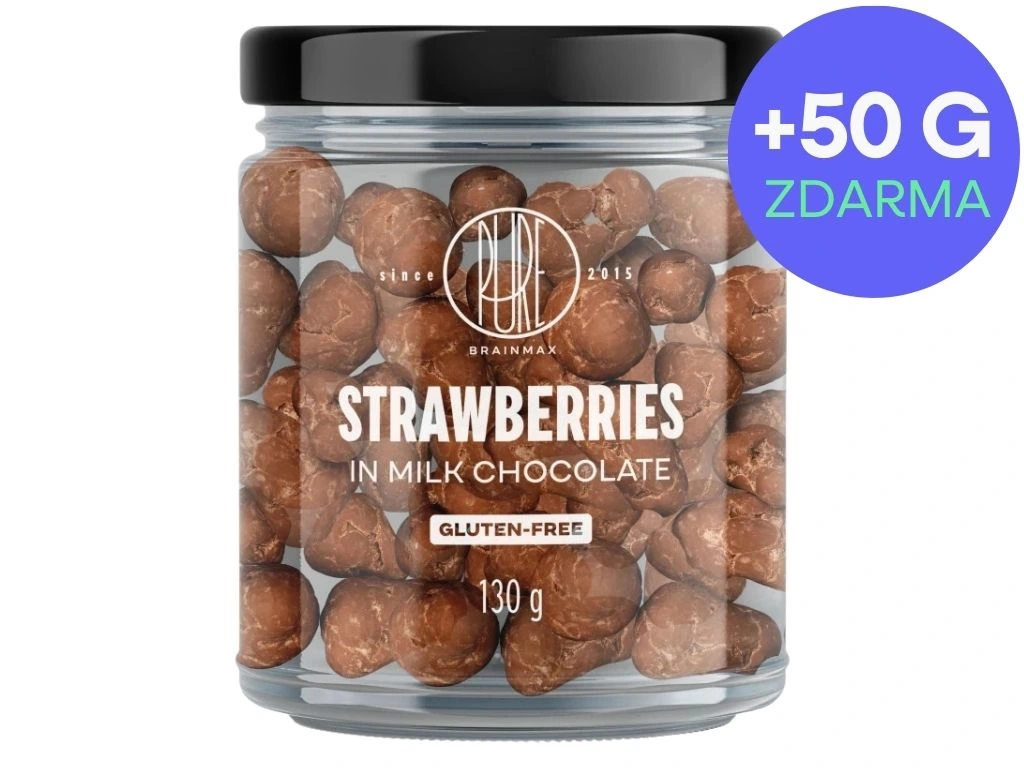BrainMax Pure Strawberries in Milk Chocolate, Lyofilizované jahody v mléčné čokoládě, 130 g + 50 g ZDARMA