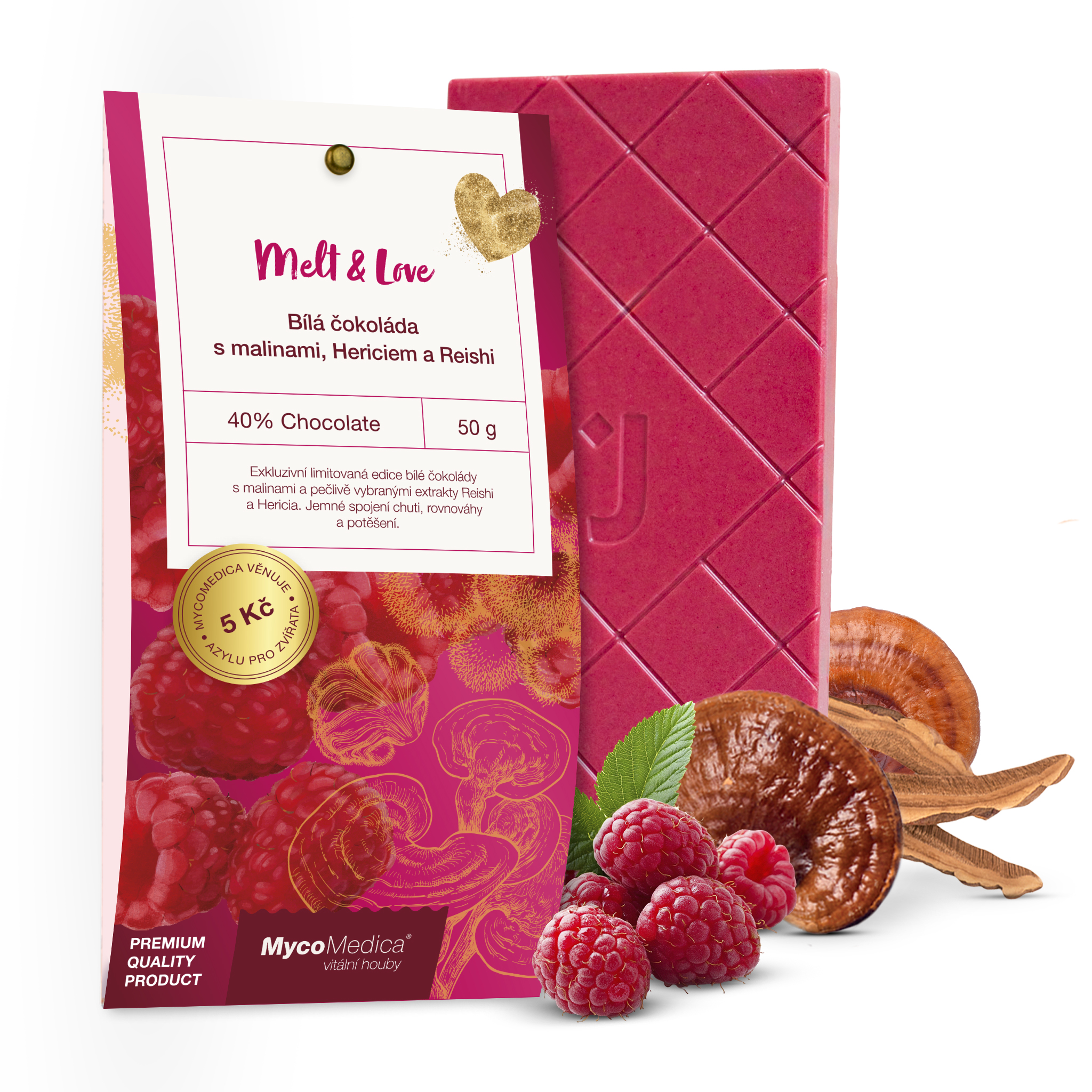 MYCOMEDICA Bílá čokoláda s malinami, Hericiem a Reishi (50g)