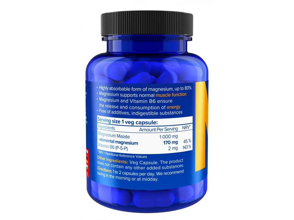 NATIOS Magnesium Malate 1000 mg + B6, 90 veg. kapslí, (elem. hořčík 170 mg)