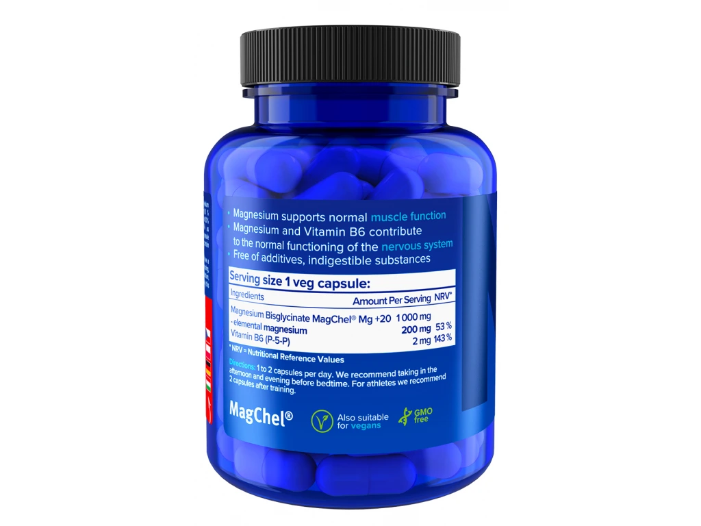 NATIOS Magnesium Bisglycinate 1000 mg + B6, 90 veg. kapslí, (elem. hořčík 200 mg) 