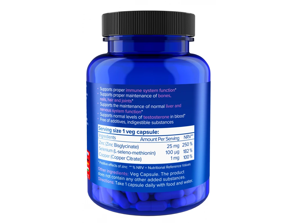 NATIOS Zinc Chelated Complex, Zinek, selen a měď, 25 mg (100 veganských kapslí)