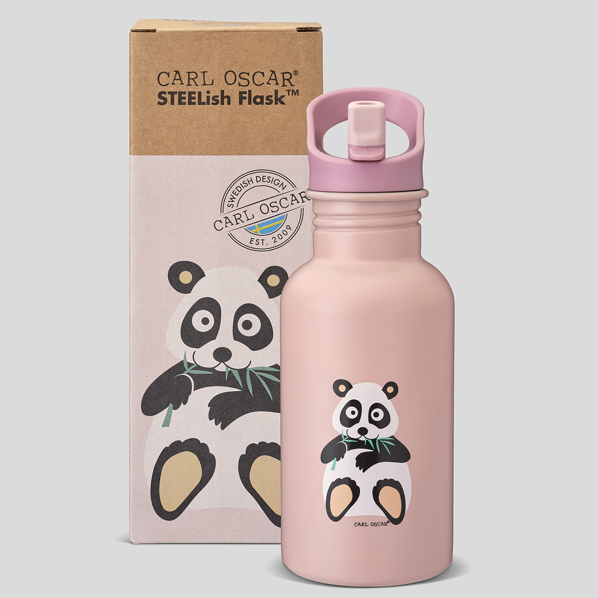 CARL OSCAR Nerezová láhev na vodu 0,5l - růžová s pandou