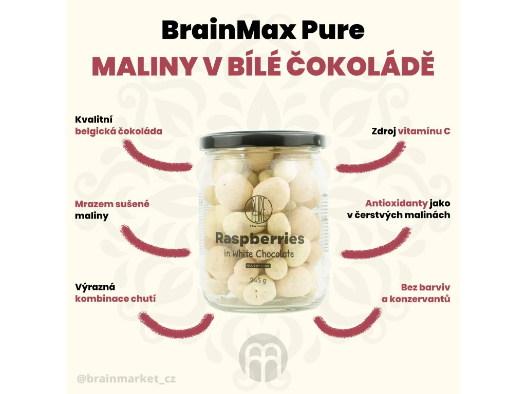 BrainMax Pure Raspberries in White Chocolate, Lyofilizované maliny v bílé čokoládě (245g)