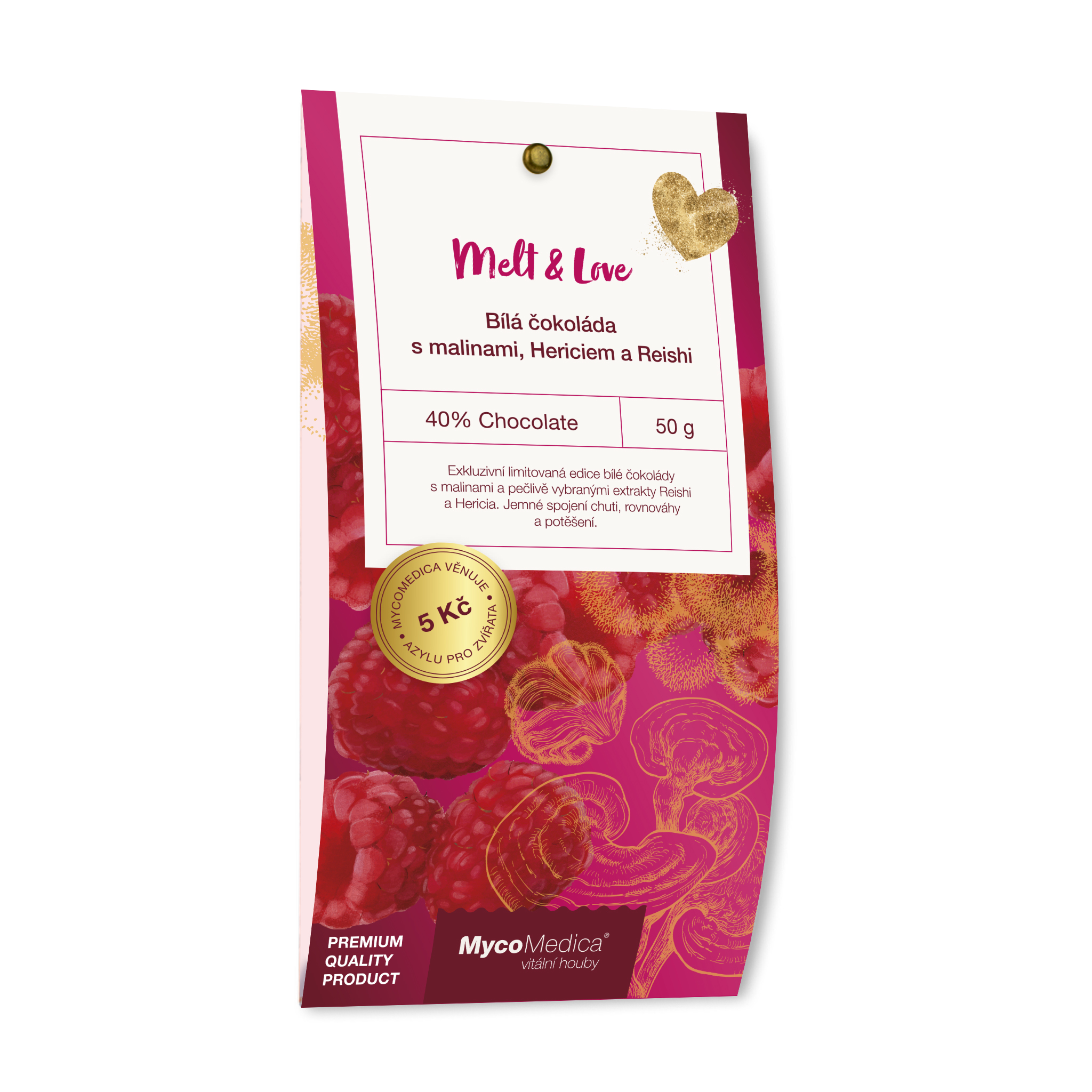 MYCOMEDICA Bílá čokoláda s malinami, Hericiem a Reishi (50g)