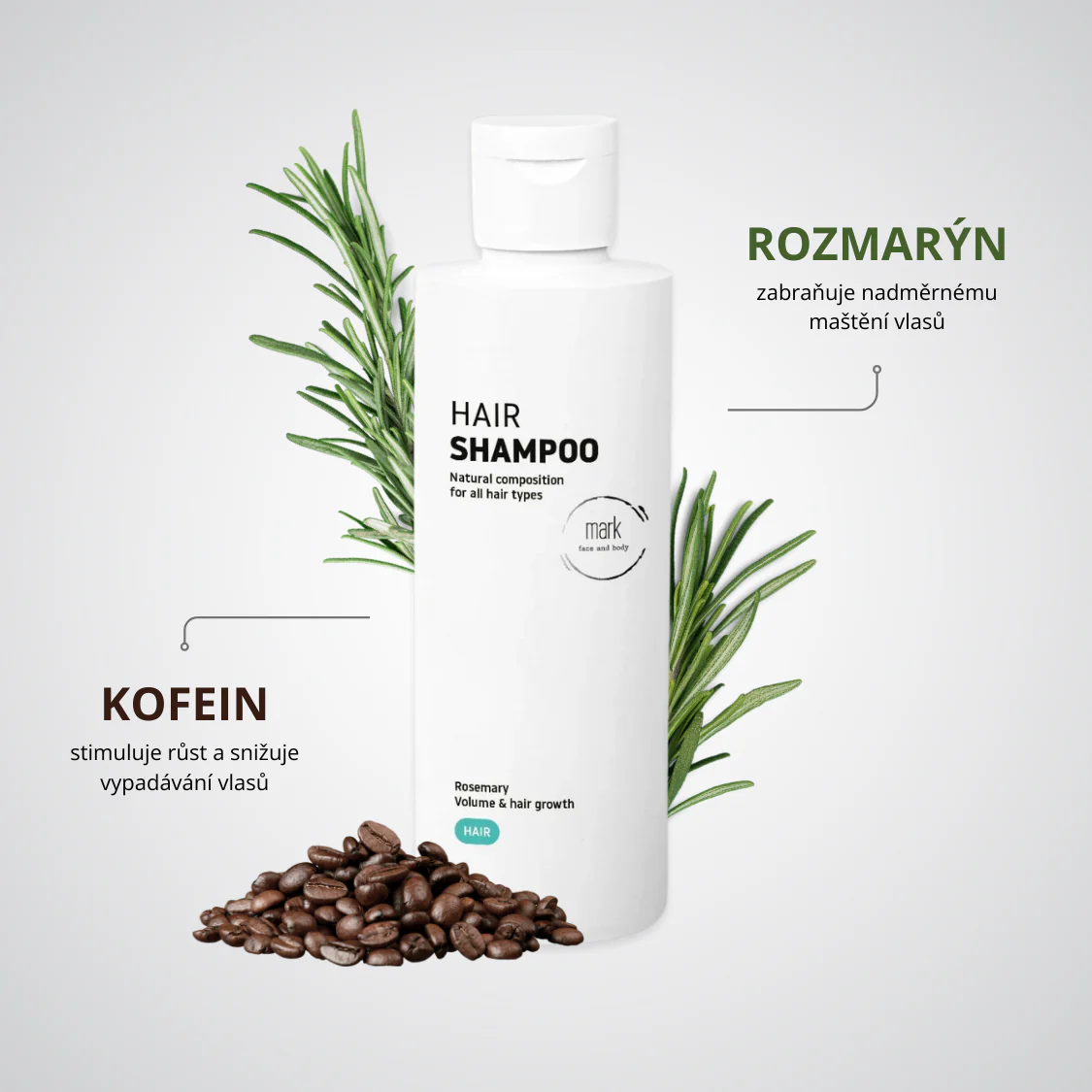 MARK Hair Shampoo Rosemary & Coffein - pro objem a růst vlasů (200ml)