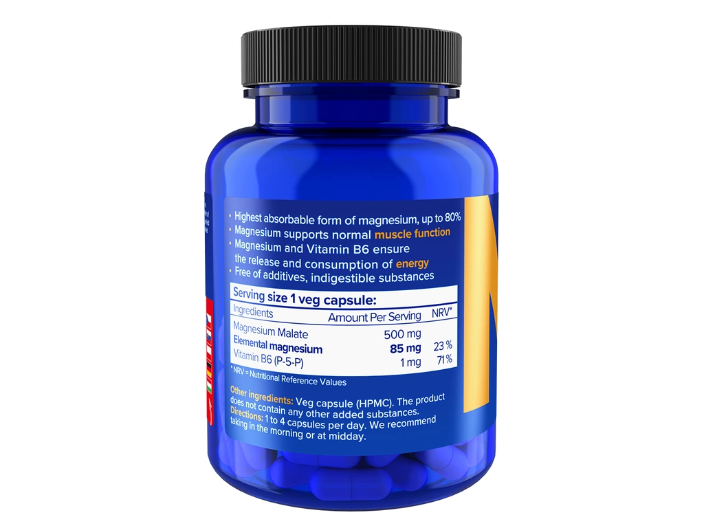 NATIOS Magnesium Malate 500 mg + B6, (elem. hořčík 85 mg) (90 veg. kapslí)