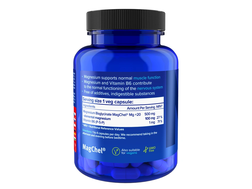 NATIOS Magnesium Bisglycinate 500 mg + B6, (elem. hořčík 100 mg) (90 veg. kapslí)